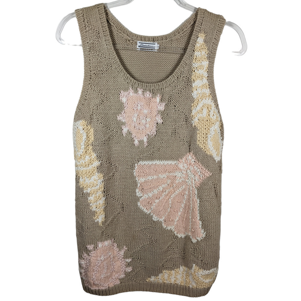 Vintage Tan Sweater Medium Shell Knit Print Christina Tan Woven Vest Chunky